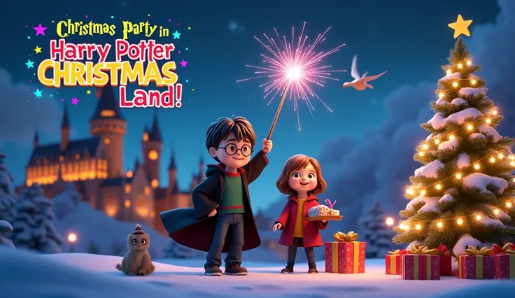 Create a 3D animated Disney-inspired thumbnail featuring:
•  Text Elements:
Title at Top Center:
Text: "Christmas Party in Harry Potter Magical Land!" with "The Fun Tunes" logo subtly placed in the corner.
Font: Bold, playful font with vibrant colors (yell...