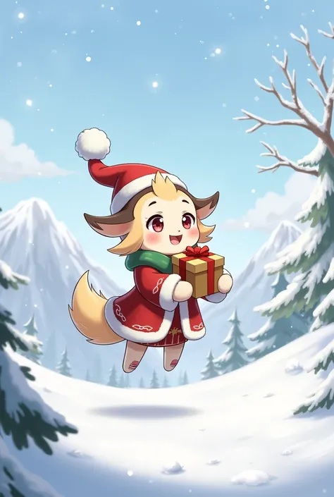 You can take a picture of Furnia from Genshin Impact wearing a Christmas costume delivering a gift while it snows behind her