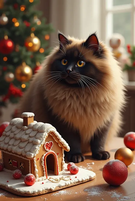 Sebuah lukisan cat air and akrilik.  The painting should be in the style of Impressionism . Seekor Pomeranian berwarna hitam and coklat dengan tepung di hidungnya and sebuah kue di mulutnya,  Surrounded by decorations to make gingerbread houses on the kitc...