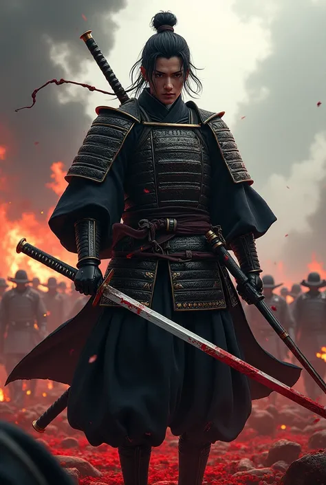 "Okita Souji in full samurai attire, standing in the midst of a battlefield. His katana drips with blood, and his face is calm but intense. The background includes fallen enemies, smoke, and fire, evoking a sense of controlled chaos."