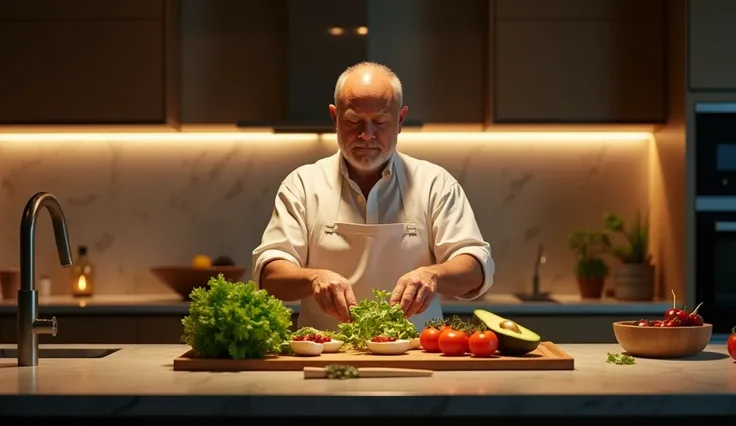 "A peaceful nighttime scene of a man in a well-lit kitchen preparing a salad with fresh greens, tomatoes, and avocado