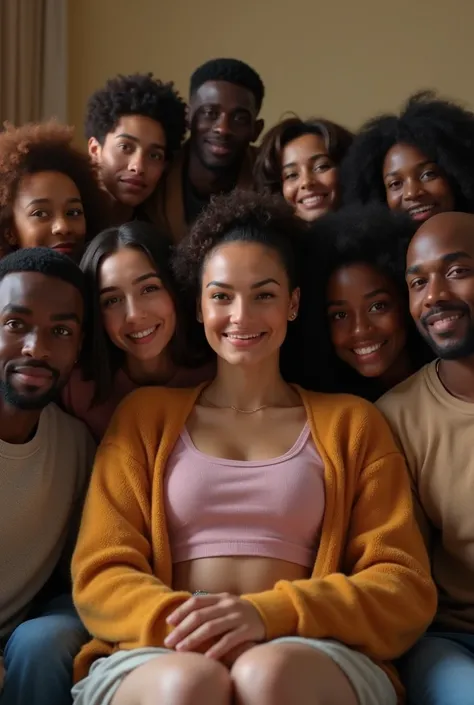 Make 7 darker-skinned people close to a lighter-skinned woman on the couch