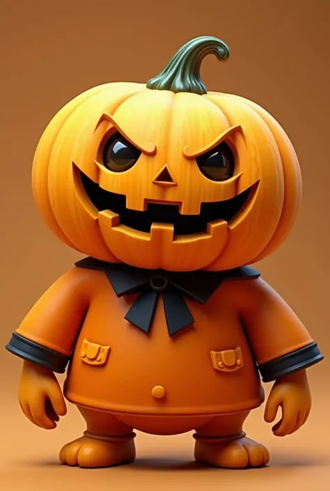 Make a pumpkin character on the head with black eyes and the pumpkin is a bit golden and has an orange shirt with black details on the shirt