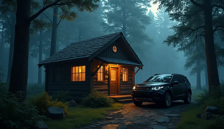 a cabin in the dark forest with a parked black Land Rover