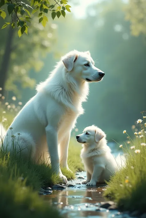 a white dog that has already died teaching a white dog to be a good  boy 