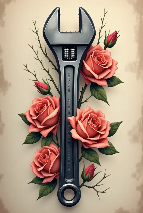  Combination wrench tool, and Roses-type flowers . Realistic design for tattooing 