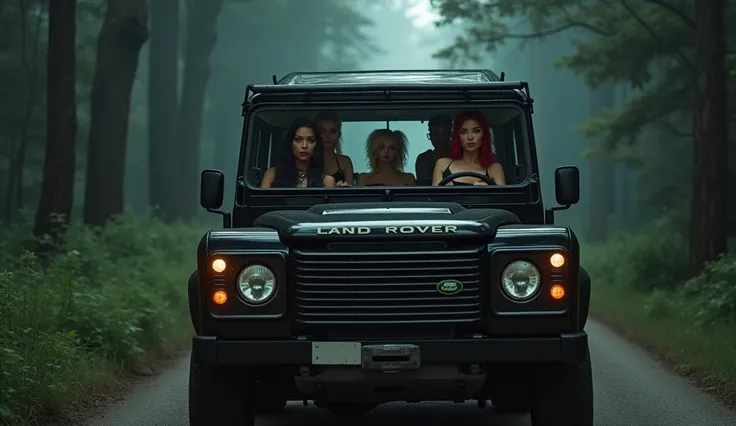  4 women inside a black land rover on a dark forest road first woman has black hair and wears a modern outfit with a very short blouse and shorts and an exaggerated neckline,  huge boobs, the second woman has blond hair and wears a modern outfit with a ver...