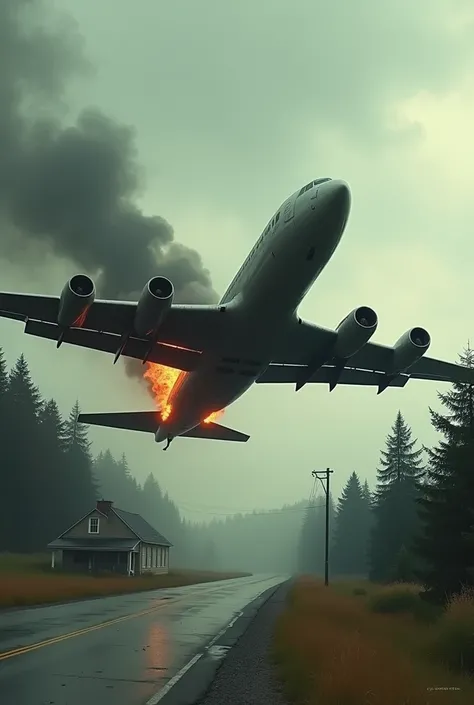 Make a dc9 emergency landing on a road near a small forest and a house with engine 1 on fire