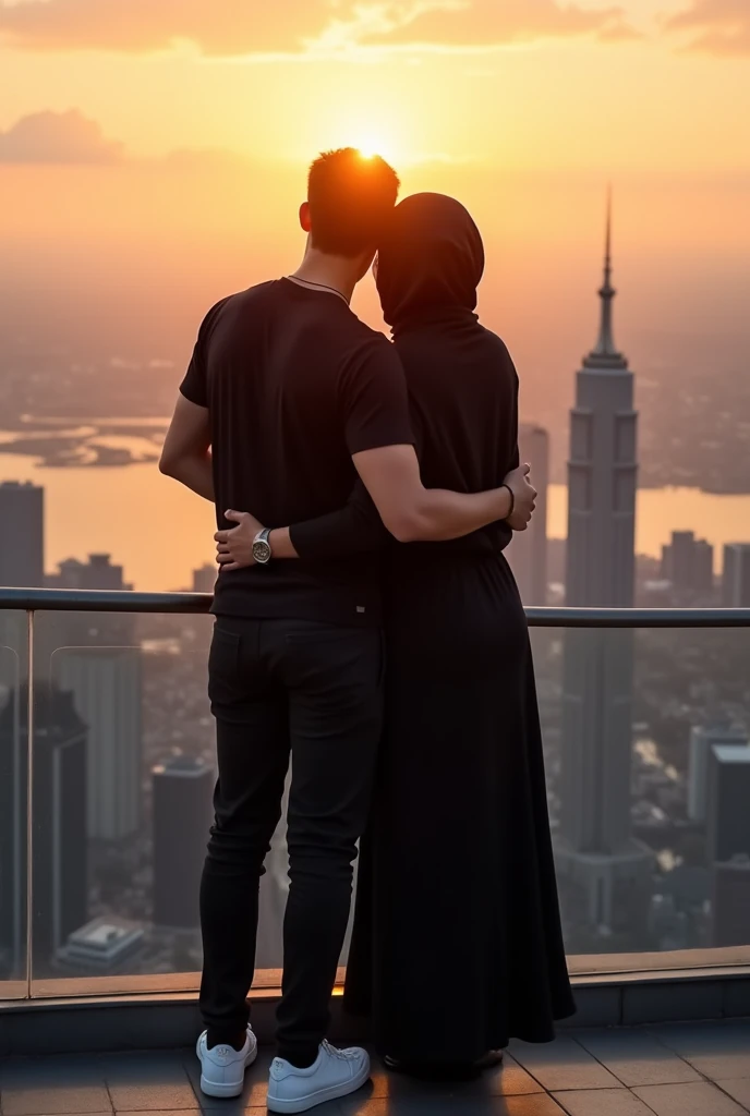 This picture shows a couple standing on a high observation deck with a breathtaking cityscape and water view in the background. The man is dressed in a black outfit ( t shirt  and trouser ) with white sneakers, and the woman is wearing a black abaya with a...