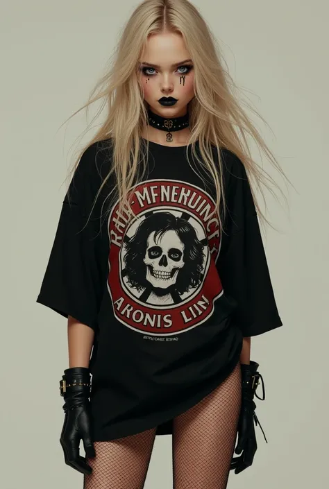 a fierce girl with long blonde hair, black mascara, she is wearing an oversized black shirt with vintage logo, she is wearing sheer stocking, she is wearing black boots