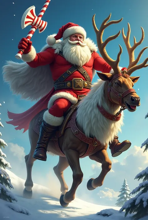 Santa clause dressed like a barbarian from he-man and the Masters of the Universe. Holding a candy cane sword. A gumdrop axe. Riding a reindeer with a saddle. Flying across the sky.