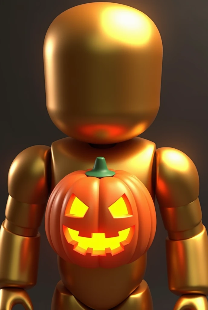 a close up of a cartoon character with a pumpkin on his chest, a low poly render inspired by Alfred Freddy Krupa, reddit, surrealism, roblox avatar, gold skin, smooth gold skin, elegant gold skin, gold body, sleek gold armor, smooth gold armor, heavy gold ...