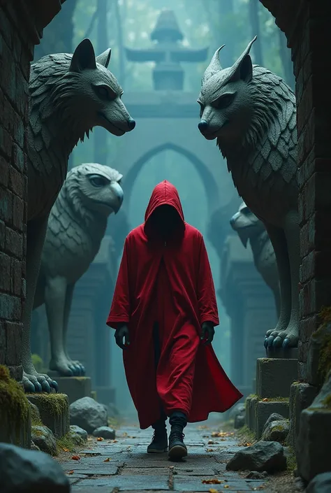 Un homme habillé de rouge avec une capuche blanche de dos marchant entre des statues de loups, dragon, hiboux  