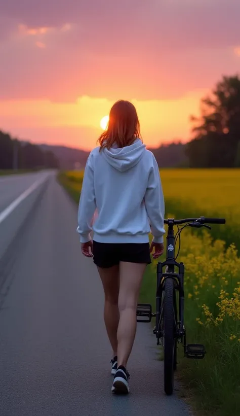 she is walking along the highway. I am wearing a white hoodie, black shorts, and black and white sneakers. There is a bicycle near me, which I am carrying. The field on the right, beautiful, yellow, some yellow flowers grow there. On the left is a small ri...