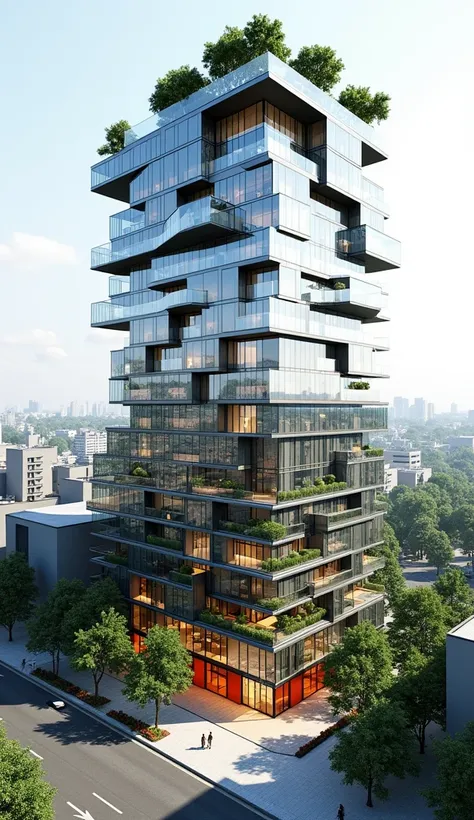 Design a bold and modern 20-story building situated on a map-based location. The building should feature a sleek glass façade with reflective surfaces, dynamic geometric patterns, and metallic accents. Incorporate green spaces on upper terraces and at the ...