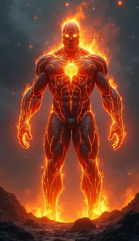 A massive, glowing humanoid figure made of molten lava and charred rock, standing in a cosmic background filled with stars and galaxies. The figure’s body radiates fiery energy, with bright orange cracks resembling lava flows, glowing runes or symbols engr...