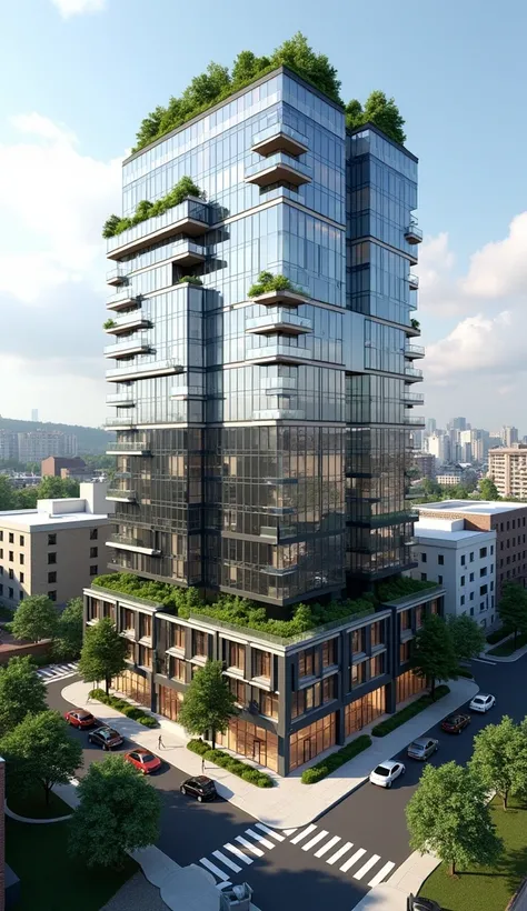 Design a bold and modern 20-story building situated on a map-based location. The building should feature a sleek glass façade with reflective surfaces, dynamic geometric patterns, and metallic accents. Incorporate green spaces on upper terraces and at the ...