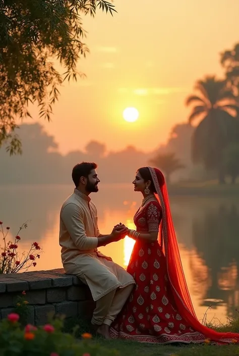 "Two desi lovers in a peaceful lakeside setting during sunset. The man, dressed in a traditional kurta-pajama, sits on a stone bench, gently holding the woman’s hand. The woman, wearing a vibrant lehenga-choli with a flowing dupatta, stands beside him, loo...