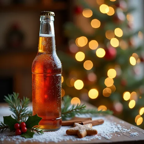 "A high-quality Christmas-themed visual presentation featuring a classic, unbranded glass bottle of soft drink. The bottle is frosty, with condensation droplets glistening on its surface, and is filled with a deep caramel-colored liquid. It is placed on a ...