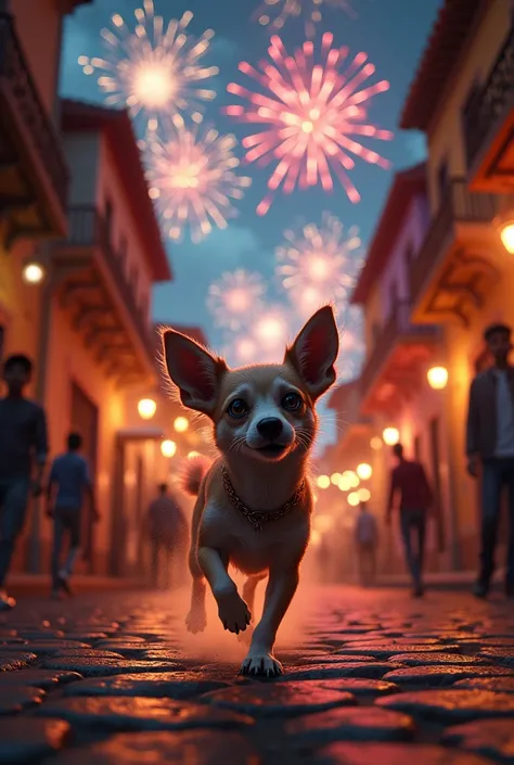 Frightened dog escaping fireworks in Peruvian city 