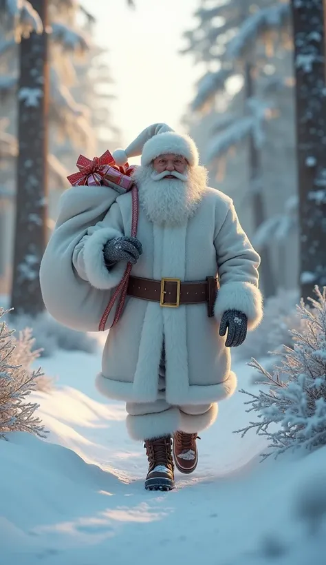 Realistic 3D image shows here that he comes Santa Claus walking through a snow-covered forest. and Christmas Eve, He is wearing a white fur coat with fluffy fur trim, gloves, sturdy boots and a wide belt with a gold buckle. On his head is a classic white h...