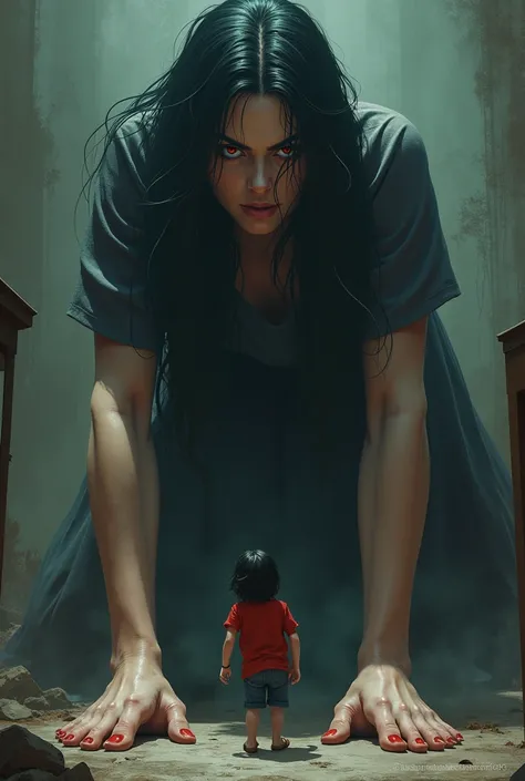 Giantess teacher, stepping on tiny student, barefoot, with an sadistic expression, under view, black haired, red eyes