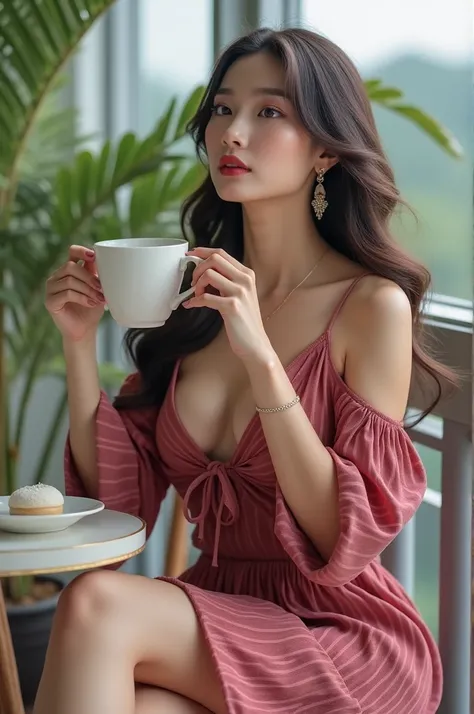 Beautiful Korean woman with a curvaceous body, 25 years old, red lips, neat long straight curly hair, necklace, earrings, wearing a maroon and pink dress with ribbons with knick-knacks, white high-heeled sandals. Sitting while holding a large coffee on the...