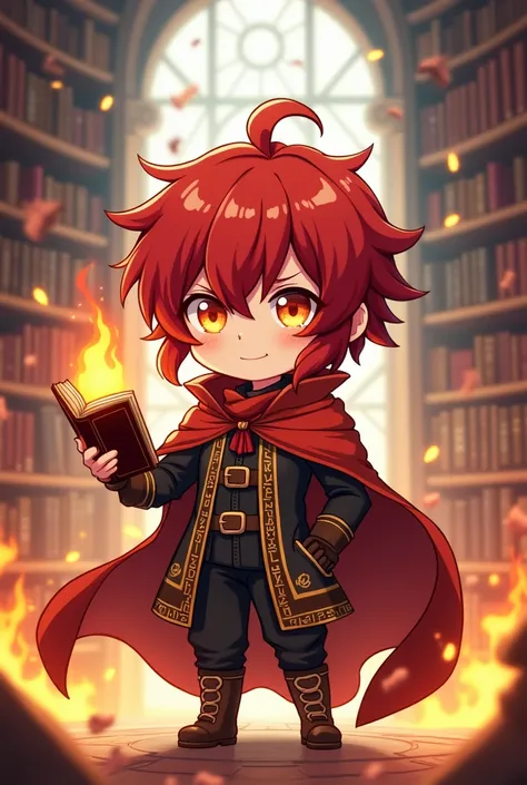 Animate isekai style , detailed chibi style ,  a red-haired magician with glowing eyes and a confident expression,  wearing a magic cloak with details of golden runes ,  holding a floating spell book ,  magical flames around ,  background of an arcane libr...