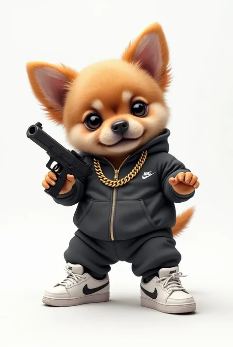 cute DOG gangster with nike sneakers with a gun behind a white background 