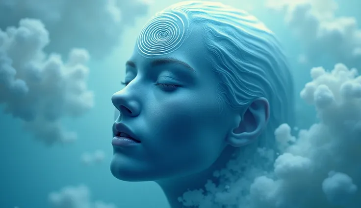  Create a surreal portrait of a figure with a blue-toned face submerged in a tranquil, swirling water-like environment. Incorporate spiral waves radiating from a eye in the forehead, symbolizing enhanced perception and introspection. Use light and shadow t...