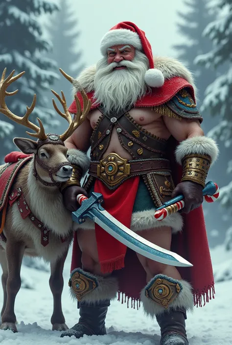 Santa clause dressed like a barbarian from he-man and the masters of the Universe. Holding a candy cane sword. Holding a gun that shoots toys. Standing next to a reindeer with a saddle. About to go into battle.