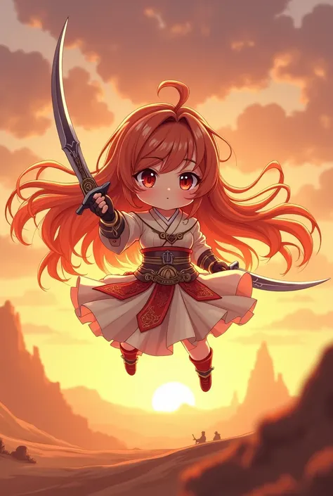  Shonen-Style Anime , graceful chibi style ,  a long-haired warrior floating in the wind ,  wearing light clothing ornamented in red and gold,  wielding double curved blades in dynamic pose , desert background at sunset,  vibrant and energetic atmosphere ,...