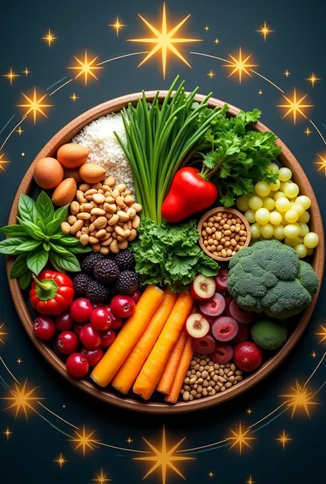 A round plate filled with a variety of healthy foods, such as fruits, vegetables, nuts, and greens, placed in the center. Around the plate, glowing symbolic stars and a zodiac circle create a harmonious and cosmic atmosphere."