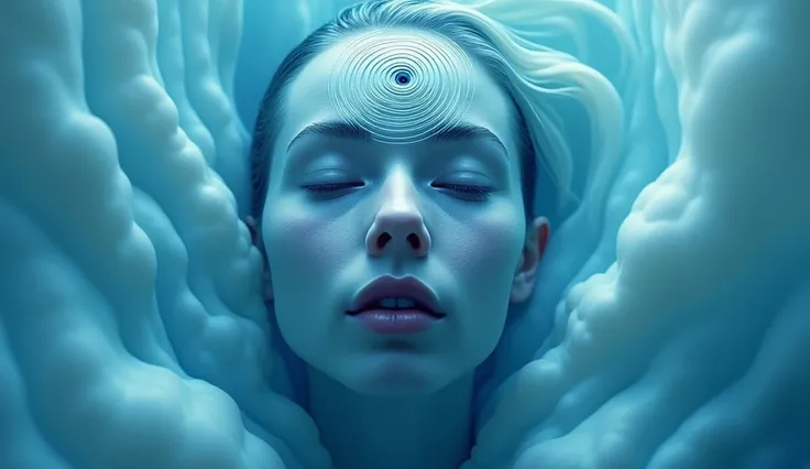  Create a surreal portrait of a figure with a blue-toned face submerged in a tranquil, swirling water-like environment. Incorporate spiral waves radiating from a eye in the forehead, symbolizing enhanced perception and introspection. Use light and shadow t...