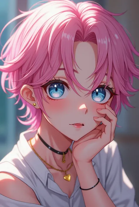  draw a guy with pink hair his bangs are white, and his eyes are blue .  He has fair skin .  he still pretends to be an anime girl 