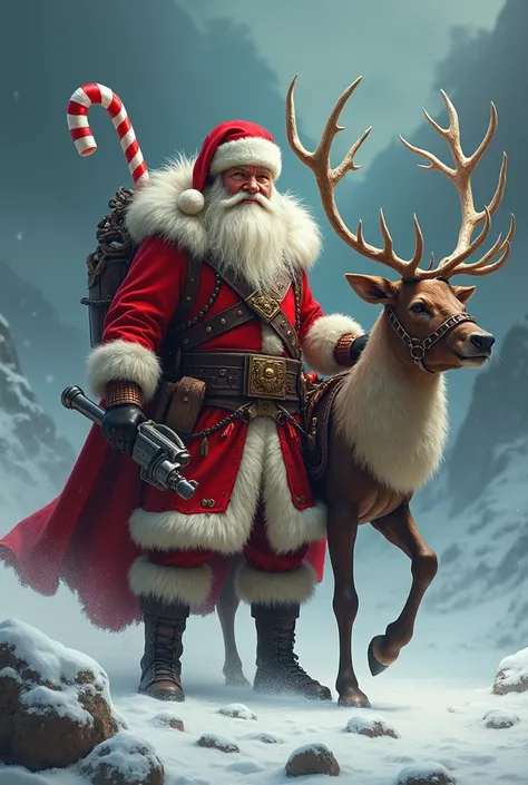 Santa clause dressed like a barbarian from he-man and the masters of the Universe. A candy cane sword strapped to his back. Shooting toys from a gun. Standing next to a reindeer with a saddle. About to go into battle.