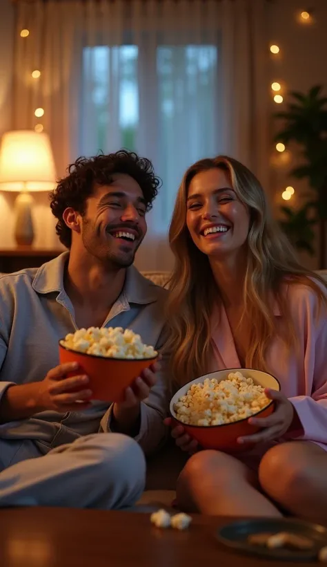 Two friends, Lucas Morena and Clara blonde beautiful sexy pajamas film together in a softly lit room.  Clara is holding a popcorn bowl ,  and Lucas is with his feet resting on a coffee table . Both are laughing at something on the screen ,  with an atmosph...