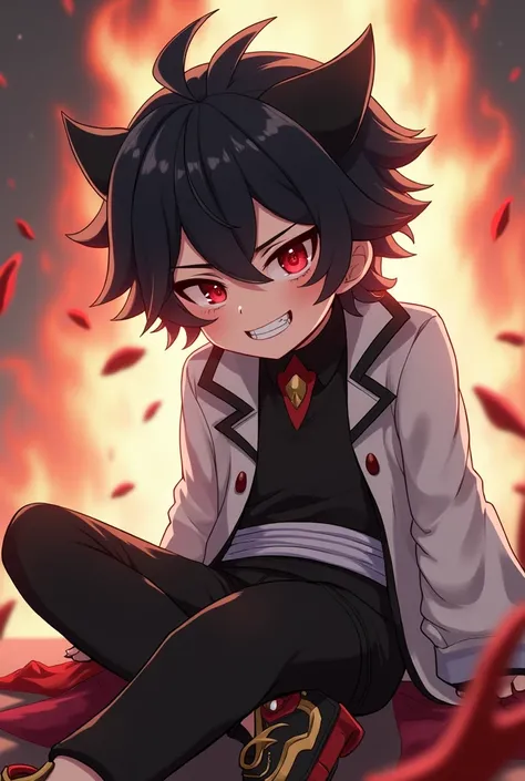 Genshin, boy, black hair, red eyes, sitting, black and white clothes, grin, genshin, fire, genshin impact 