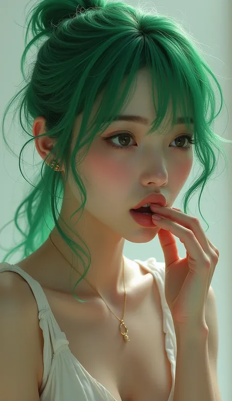 super realism, 1 woman, 20 years, skinny, green hair , sucking a cock with her mouth