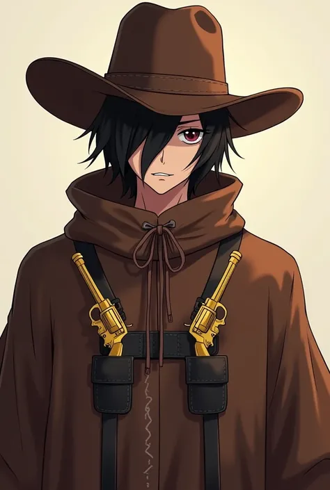 Make an anime character cowboy ,  with a brown poncho with white stripes and the medium-sized cowboy hat hiding his face and only exposing his macabre smile.  The character has to contain two holsters with two golden revolvers .