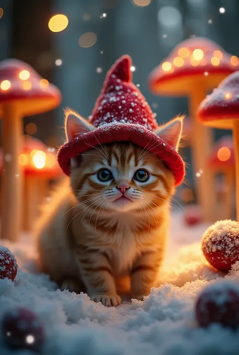 A charming scene of your kitten wearing a red festive hat at a lit mushroom party, celebrating with a fantasy atmosphere of parties and snow. Beautifully lit mushrooms, adding clarity and joy in the background of a mysterious map