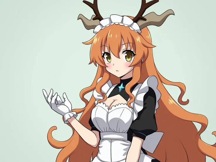 
1 girl,   Tohru, 1 girl,  long hair, antlers, dragon antlers, Alone, chica dragón, twincolas,  Looking at the viewer, maid headdress,  constricted pupils,  big breasts, maid, Gloves, white Gloves,  hair between the eyes, cola, dragon cola,  short sleeves ...