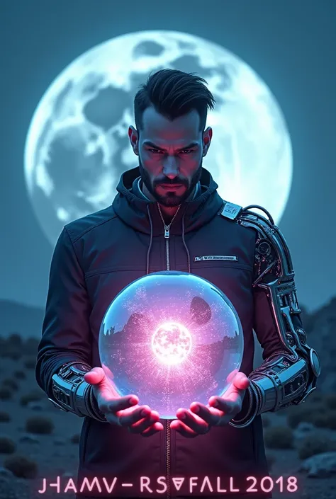  Sketching a man into half a cyborg in 4 k quality holds a transparent ball glowing with neon. inscription in the background is a full glowing moon .at the bottom, the TEAMWORK .