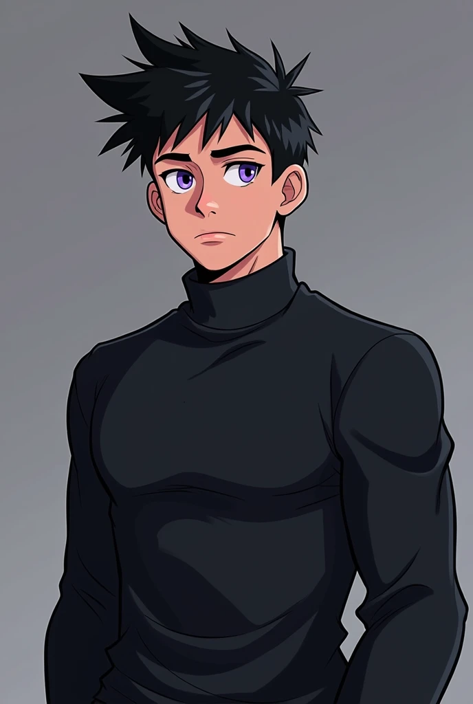 A young adult man from a 2d cartoon, serious cartoon style . with clear. Black hair standing and spiked.  Comfortable shirt that hides the neck, The shirt is black with long sleeves .  is a bit strong but not muscular.  with a serious expression . Purple e...