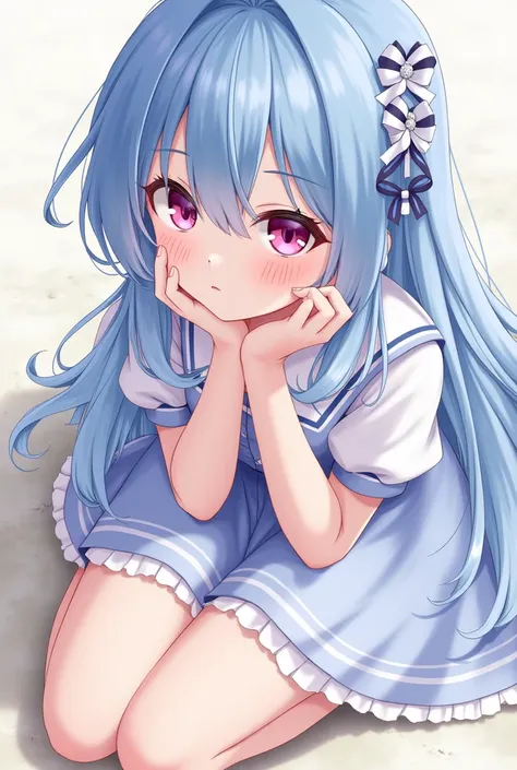 (detailed beautiful eyes and detailed face, masterpiece side light, masterpiece, best quality, detailed, high resolution illustration), (1 girl, beautiful girl, shiny skin), (sky blue hair, pink colored eyes, skirt, ribbon, button- shirt)(kneeling on the g...