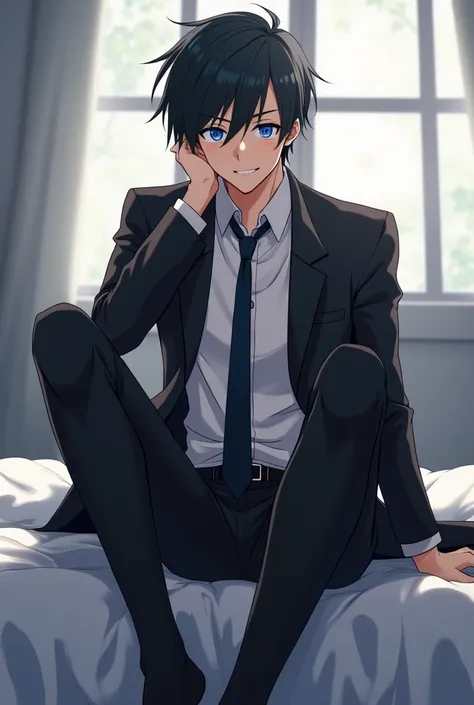  anime image of a man，he is wearing a pantyhose，which is black shiny one—piece stockings，His feet rushed towards the camera，a handsome guy ，anime image of a man in a suit and tie sitting on a bed, he is wearing a suit, in his suit, from cryptid academia, t...