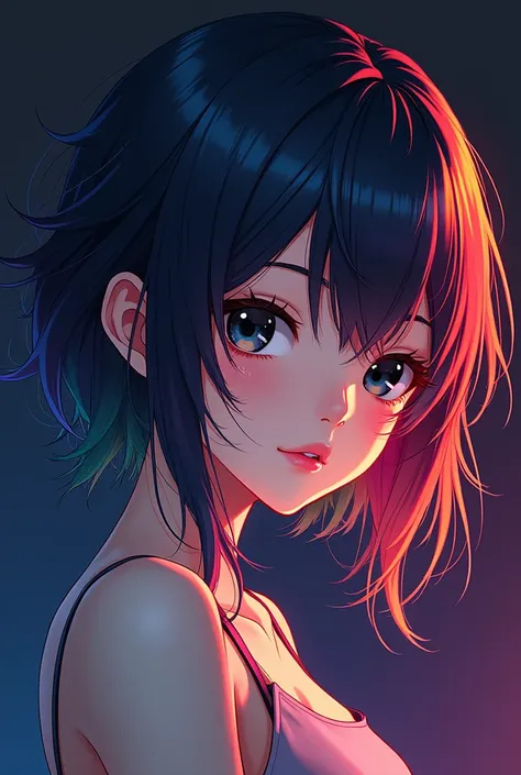 anime girl pitch black eyes and rainbow hair