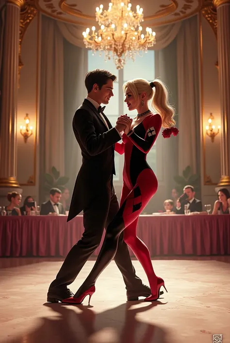 Harley quinn dancing with dick grayson in a ball room