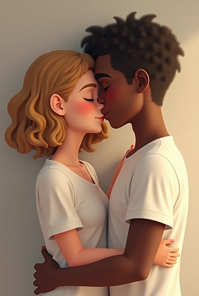 Black boy in white t-shirt and curly haired blonde girl kissing