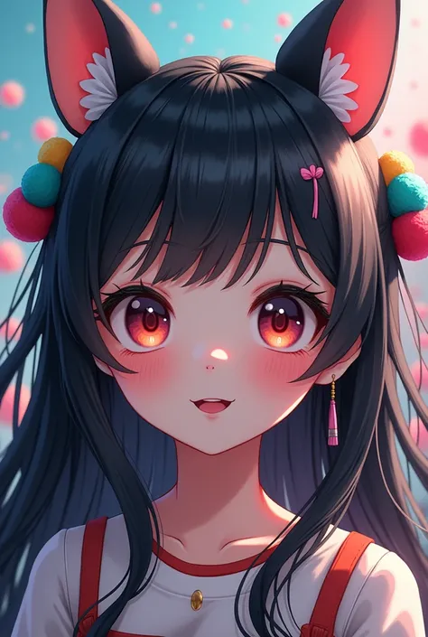 black hair, hair bobbles, wince, longeyelashes, solid circle eyes, fake animal ears, light smile, ear blush, fang, ccurate, Surrealism, drop shadow, anaglyph, stereogram, tachi-e, pov, atmospheric perspective, 8k, super detail, best quality